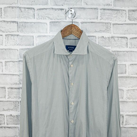 ETON Contemporary Cotton Modal Poplin button up Shirt green stripe 15 3/4 M - Picture 4 of 6